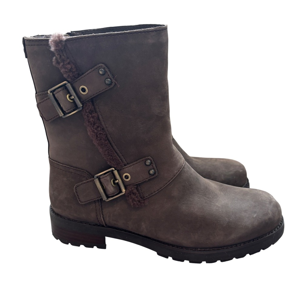 UGG Simmens Boot Size 10 Brown Leather Waterproof Shearling 1018607 Buckle
